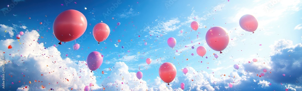 Balloons are flying in the air with confetti falling from them Balloons are flying in the air with confetti falling from them