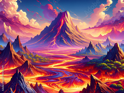 Anime style volcano background photo