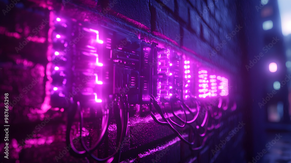 Fototapeta premium Neon Lights on Brick Wall 3D Illustration