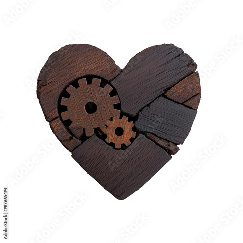 Heart-shaped gears made of wood on a white isolated background. photo