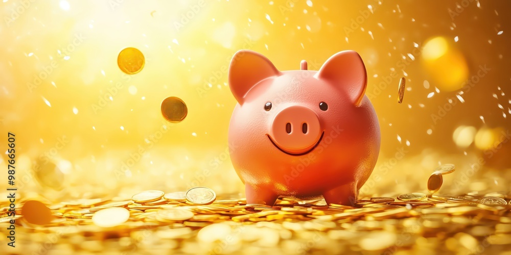 A cute piggy bank with gold coins falling around it, symbolizing savings and wealth accumulation, copy space A cute piggy bank with gold coins falling around it, symbolizing savings and wealth accumulation, copy space