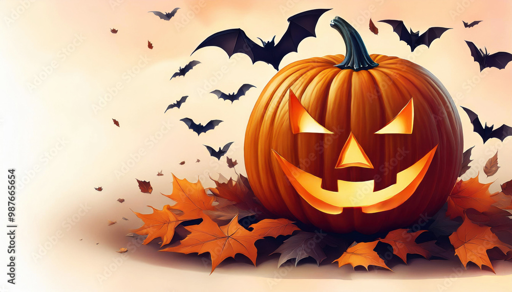 Halloween pumpkin with bats and autumn leaves scene Halloween pumpkin with bats and autumn leaves scene