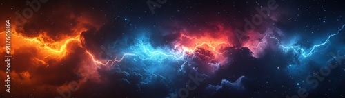 A dramatic, colorful lightning storm, with electric bolts streaking across a dark night sky, copy space