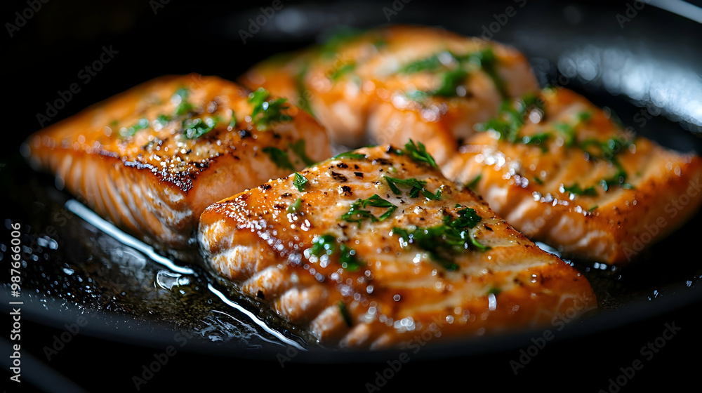 Closeup of Pan-Seared Salmon Fillet with Herbs and Seasoning - Food Photography Closeup of Pan-Seared Salmon Fillet with Herbs and Seasoning - Food Photography