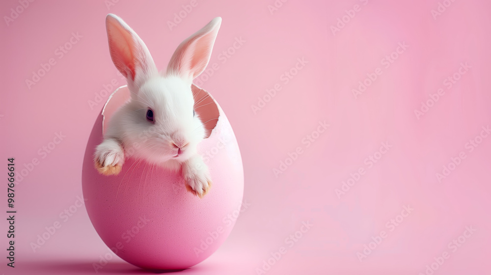 A photo of a cute Easter bunny baby nestled inside a pink egg, set against a pastel background. This design features ample copy space, perfect for an Easter day and spring holiday banner A photo of a cute Easter bunny baby nestled inside a pink egg, set against a pastel background. This design features ample copy space, perfect for an Easter day and spring holiday banner