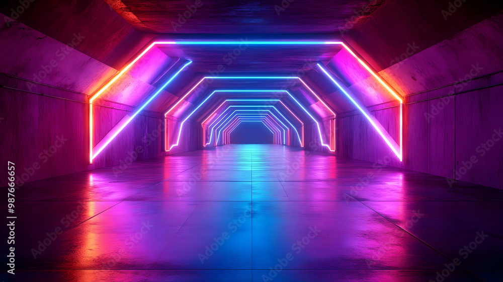 Neon Lights in a Glowing Corridor 3D Render Neon Lights in a Glowing Corridor 3D Render