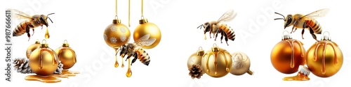Golden bees decorating shiny ornaments, creating a festive and whimsical atmosphere for holiday themes and seasonal celebrations.