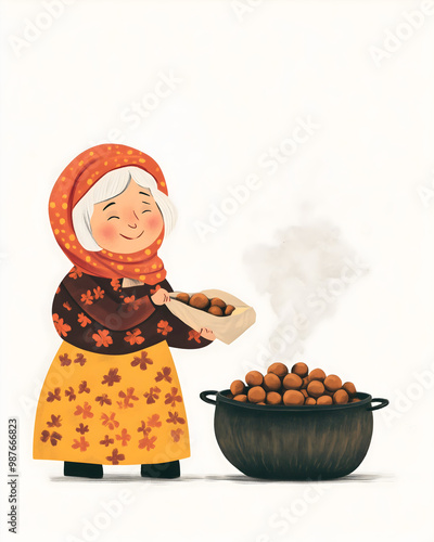 Old lady in traditional clothing, holding a bag of roasted chestnuts next to a steaming pot. Theme of Spanish holiday 