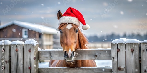 A cheerful horse wearing a Santa Claus hat peeking over a snow-covered wooden fence in a wintery setting. Perfect for Christmas-themed advertising, greeting cards, and holiday promotions.