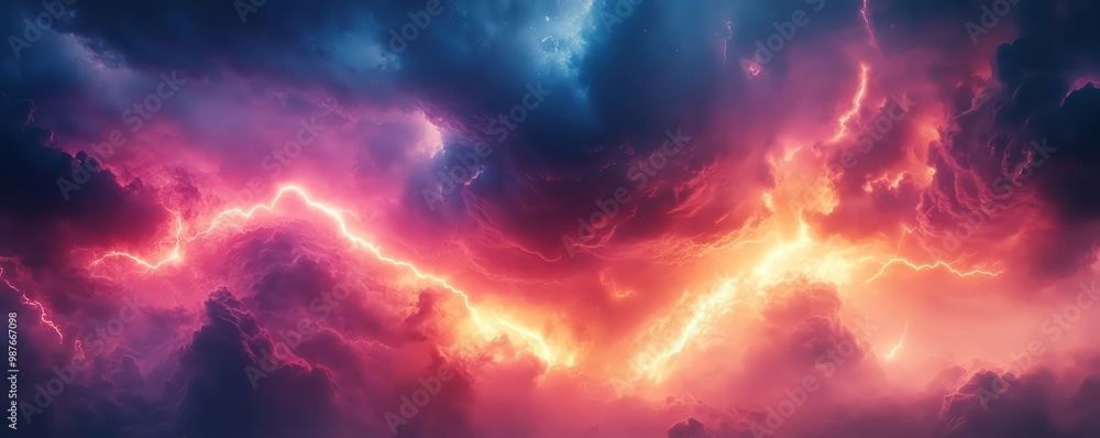 Fototapeta premium A powerful lightning storm, with vibrant bolts lighting up a stormy night sky, representing the raw energy of nature, copy space