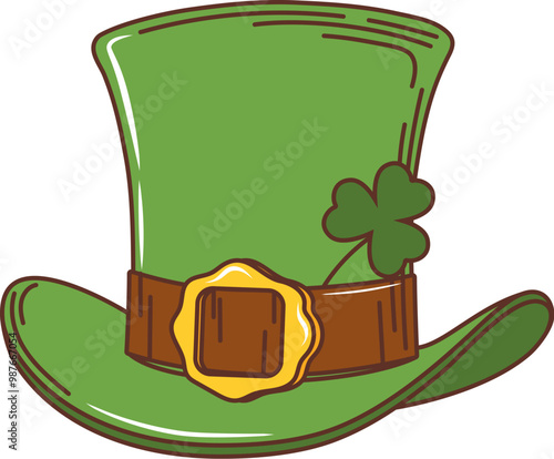 Cartoon leprechaun hat, Saint Patrick day holiday accessory. Isolated vector retro green top hat of dwarf. Fantasy elven cap in vibrant emerald hue, adorned with a shamrock or clover plant and buckle