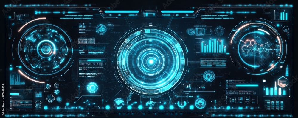 Fototapeta premium Futuristic mobile phone wallpaper featuring a digital interface with glowing blue neon lights and intricate circuit patterns