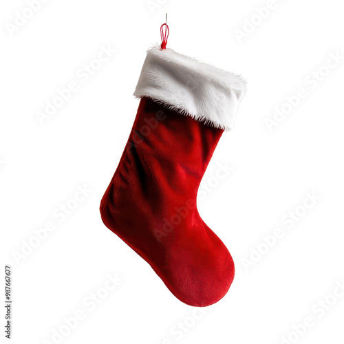 Red Christmas stocking with white fur trim, isolated background
