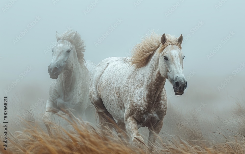 Obraz premium White Horses Running Through Foggy Meadow