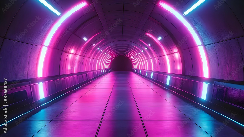 3D Illustration of a Futuristic Neon Tunnel with Purple and Blue Lights 3D Illustration of a Futuristic Neon Tunnel with Purple and Blue Lights
