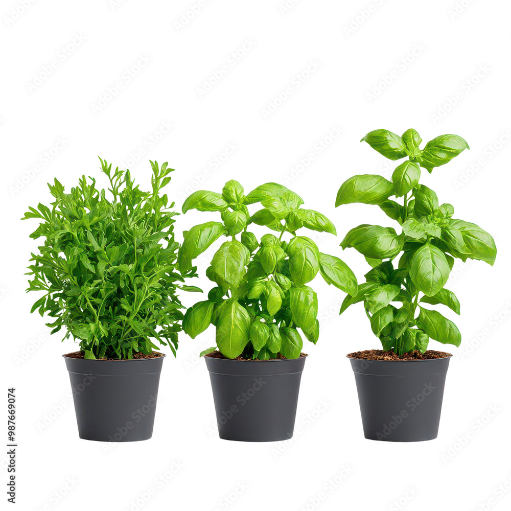 Three aromatic herb plants in black pots, white isolate background. Three aromatic herb plants in black pots, white isolate background.