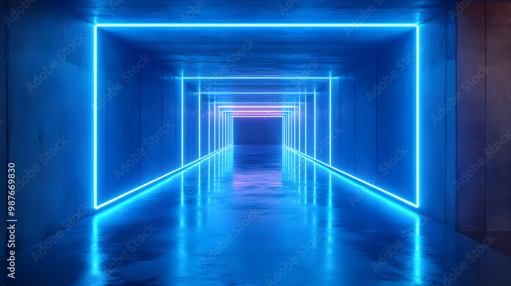 Fototapeta premium Neon Lights in a Blue Corridor 3D Illustration