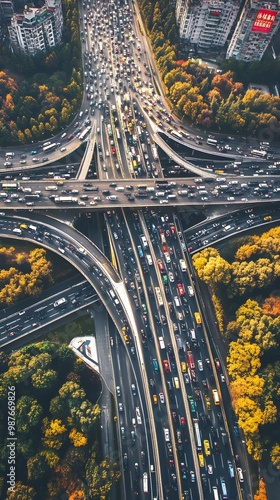 Crowded highway intersection seen from aerial perspective above image