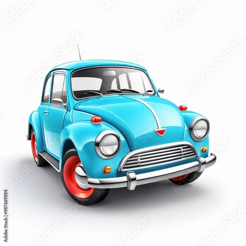 A cartoon-style blue vintage car with red wheels, showcasing a playful and nostalgic design.