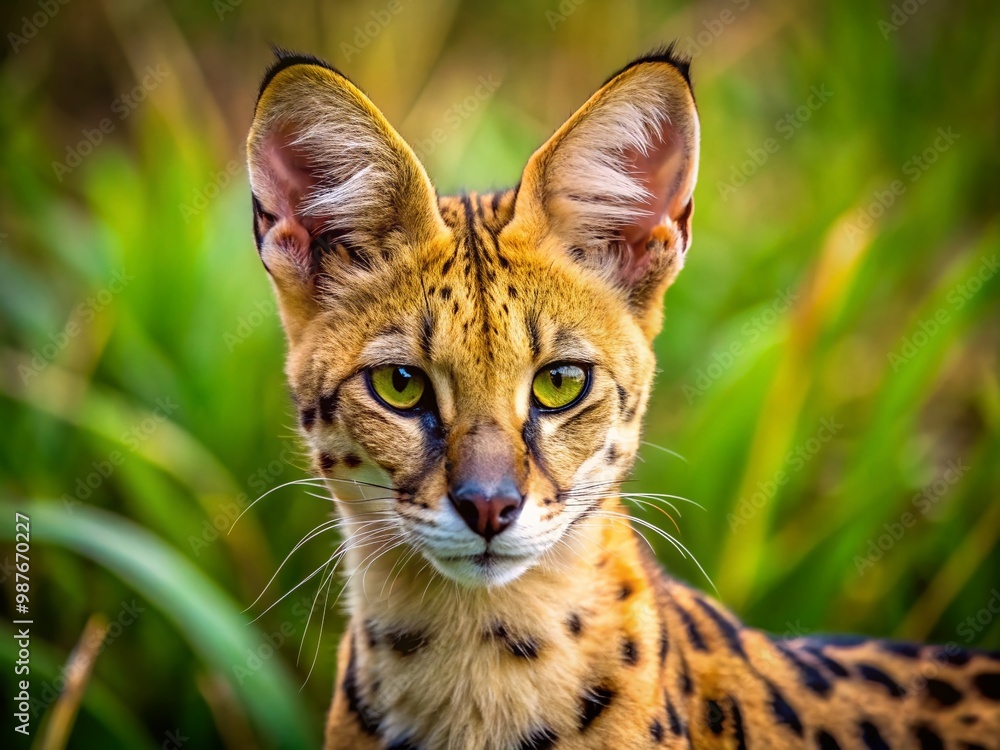 Elegant Serval Cat with Distinctive Spots and Large Ears in Natural Habitat of African Grasslands Elegant Serval Cat with Distinctive Spots and Large Ears in Natural Habitat of African Grasslands