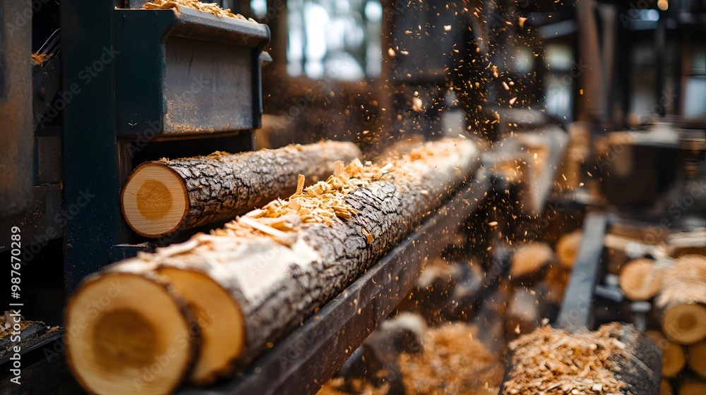 Sawmill Workshop With Piled Wooden Logs and Debris Sawmill Workshop With Piled Wooden Logs and Debris