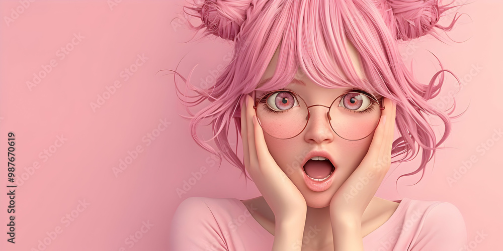 Pink Hair, Glasses, and a Shocked Expression: Copy Space for Your Message Pink Hair, Glasses, and a Shocked Expression: Copy Space for Your Message