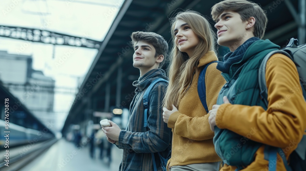 three cheerful model looking students with backpacks on railway station waiting for the train --ar 16:9 --v 6.1 Job ID: f75961cc-a998-481a-b38e-6eb01460cc39 three cheerful model looking students with backpacks on railway station waiting for the train --ar 16:9 --v 6.1 Job ID: f75961cc-a998-481a-b38e-6eb01460cc39