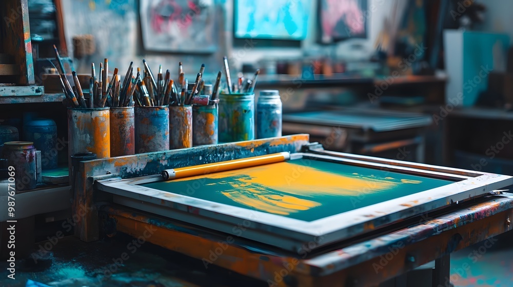 Vibrant Art Studio Workspace with Diverse Supplies and Tools for Creative Expression Vibrant Art Studio Workspace with Diverse Supplies and Tools for Creative Expression