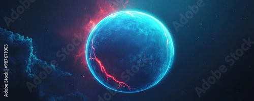 Glowing blue planet with red lightning against a starry cosmic background