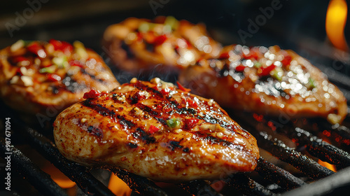 Juicy grilled chicken breasts, seasoned with spices, cooking on a barbecue grill with flames and smoke, epitomizing outdoor grilling and flavorful dining. photo