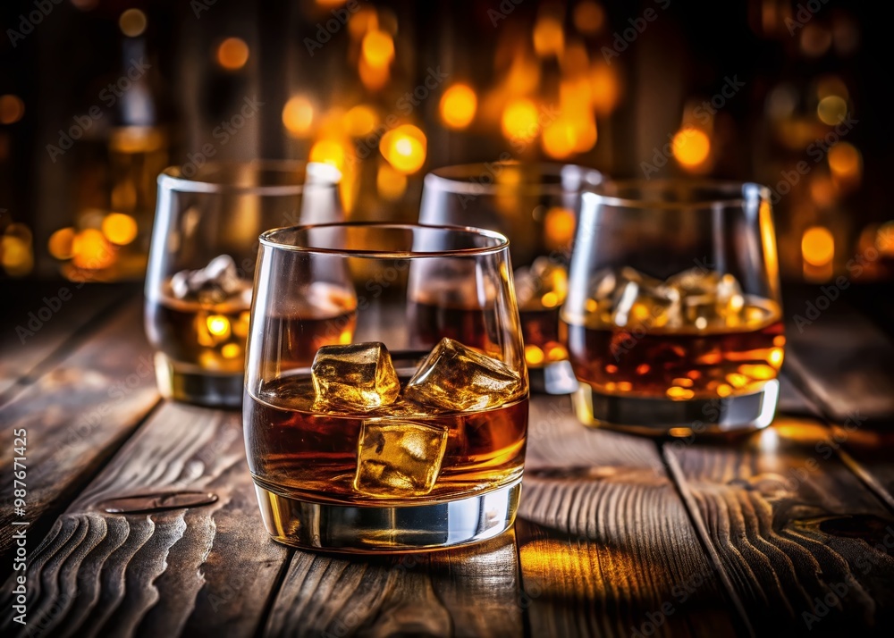Elegant whisky glasses filled with amber liquid on a dark wooden table with a blurred background Elegant whisky glasses filled with amber liquid on a dark wooden table with a blurred background