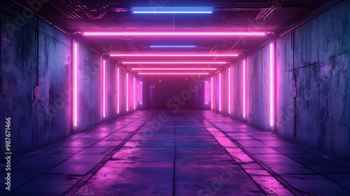 Neon Lights in a Grungy Corridor 3D Illustration