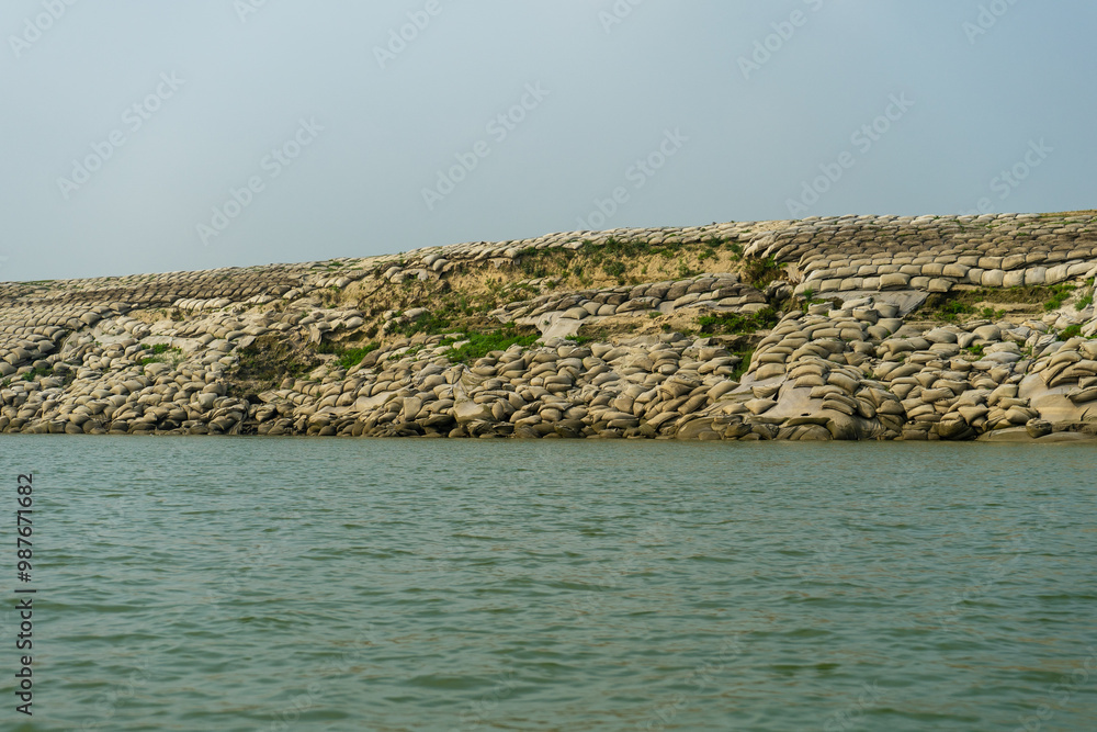 Sandbags, geobags to protect riverbank from erosion and flooding. Bangladesh, Padma River.
