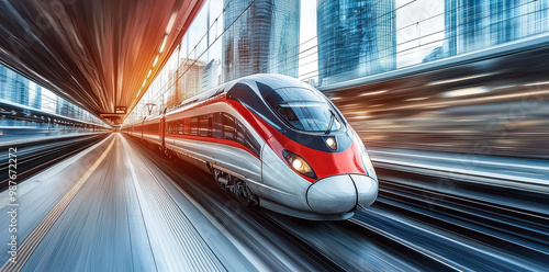 A high-speed train zooming through an urban landscape, representing modern and efficient transportation technology with a sleek, aerodynamic design and a sense of dynamism.