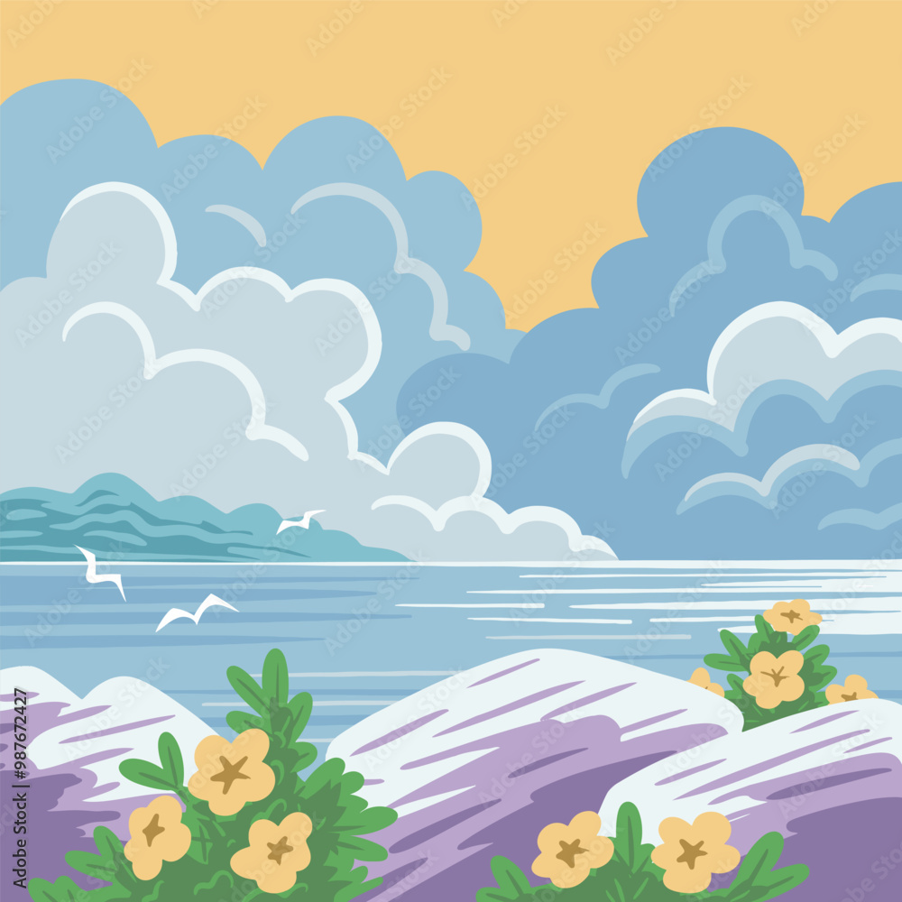Beautiful summer landscape with the sea, flowers. French resort Provence. Travel, vacation and relaxation. Vector colorful art illustration Beautiful summer landscape with the sea, flowers. French resort Provence. Travel, vacation and relaxation. Vector colorful art illustration