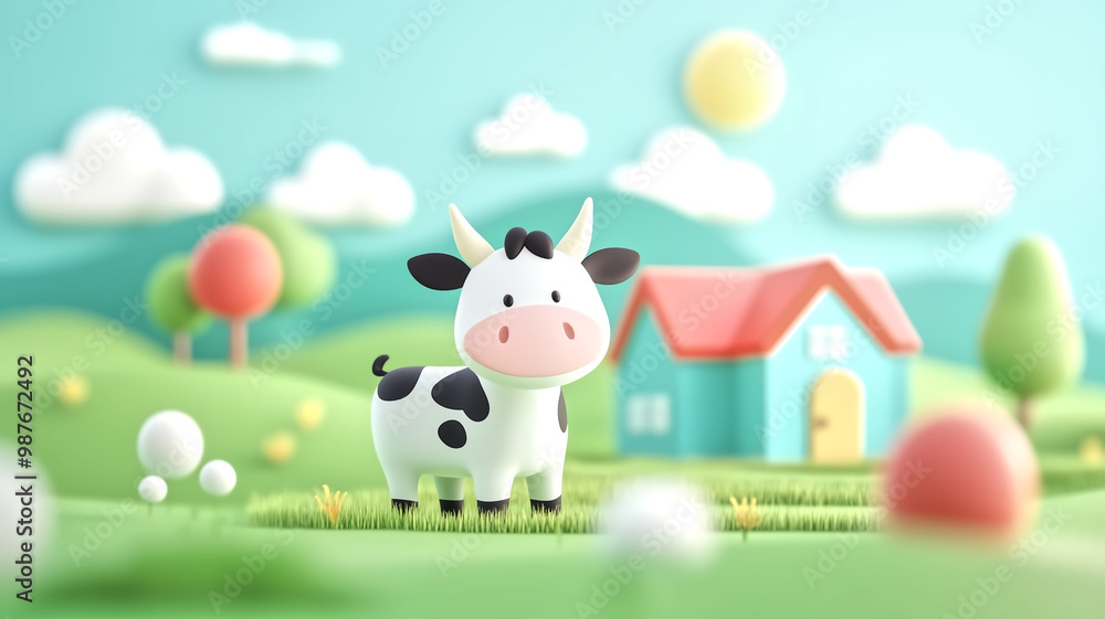 Naklejka premium Cute Cartoon Cow in a Pastel Countryside Setting with House and Trees in the Background