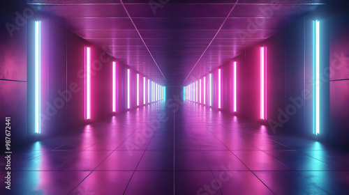 3D Neon Lights Corridor with Blue and Pink Glow