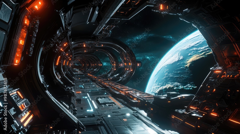 A futuristic space station orbiting a distant planet, with glowing corridors and massive observation windows looking out into the stars. A futuristic space station orbiting a distant planet, with glowing corridors and massive observation windows looking out into the stars.
