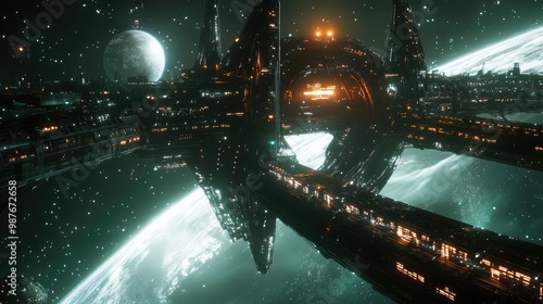 A futuristic space station orbiting a distant planet, with glowing corridors and massive observation windows looking out into the stars.