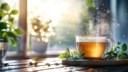 Steaming Cup of Herbal Tea on Wooden Table with Sunlight and Greenery in Background