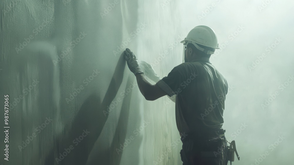 Fototapeta premium Construction Worker Checking Wall Surface with Dust in Air
