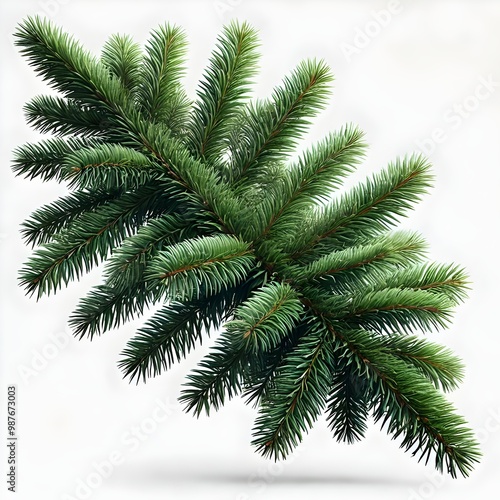 Close-Up of Evergreen Pine Branch with Needles, Isolated on White Background, Perfect for Christmas Decorations, Winter Holiday Designs, Natural Forest Elements