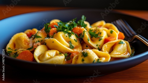 A beautifully styled plate of tortellini in a light sauce, garnished with fresh herbs and vegetables, with a fork poised beside it, creating an inviting atmosphere. photo