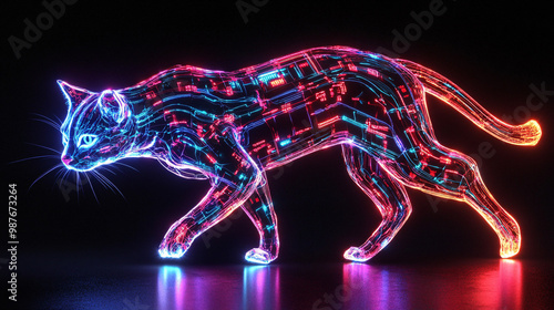 A futuristic animal with microchip fur. each strand a glowing circuit reflecting the animals movement. 