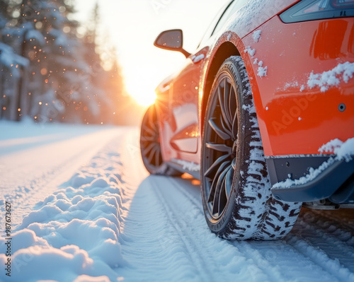 the rear wheel of an electric car in close-up in winter on a winter road