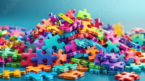 A vibrant pile of colorful puzzle pieces scattered on a blue background, inviting creativity and engagement.