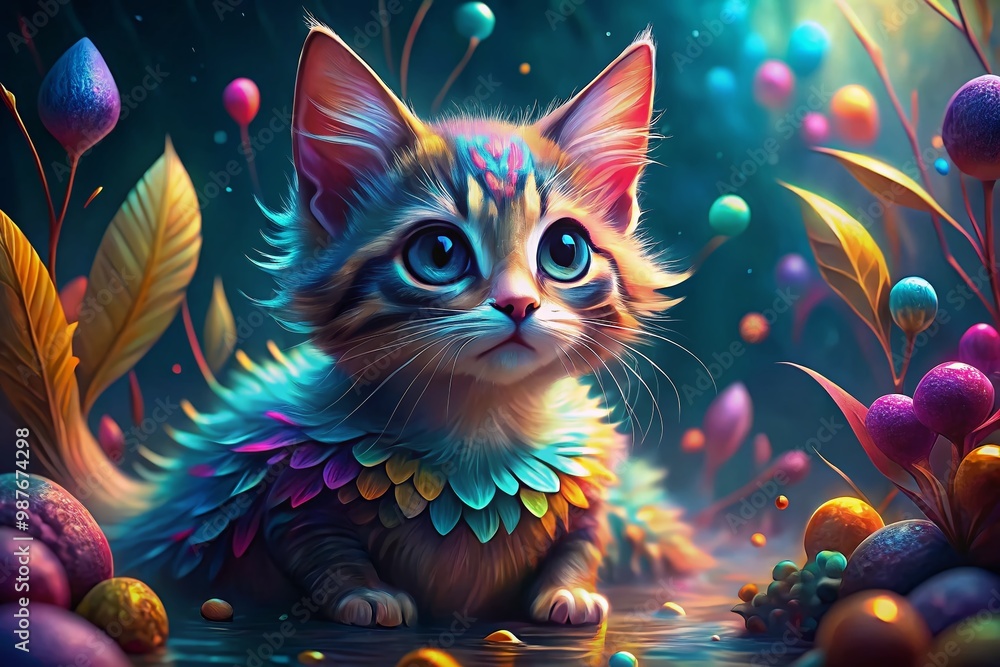 Enchanting mermaid kitten with shimmering scales and aquatic surroundings in a whimsical fantasy scene Enchanting mermaid kitten with shimmering scales and aquatic surroundings in a whimsical fantasy scene