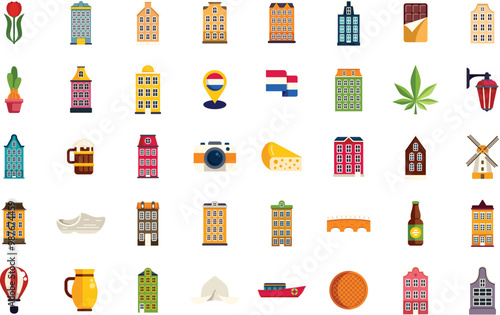 This vibrant icon set captures the essence of the netherlands, showcasing its iconic landmarks, cultural symbols, and delectable treats