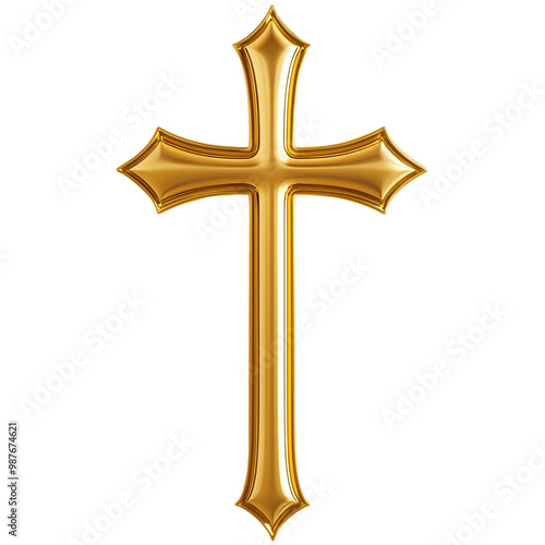 3D Gold Cross with Ornate Design Isolated on Transparent Background