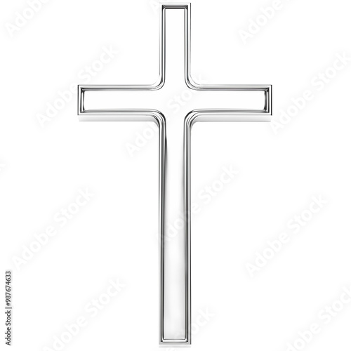 3D Simple Silver Cross Isolated on Transparent Background